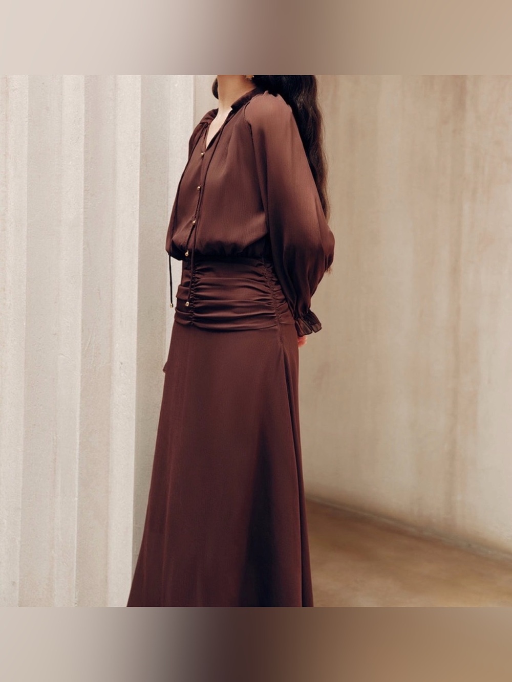 Commense Brown Maxi Dress with Ruched Waist